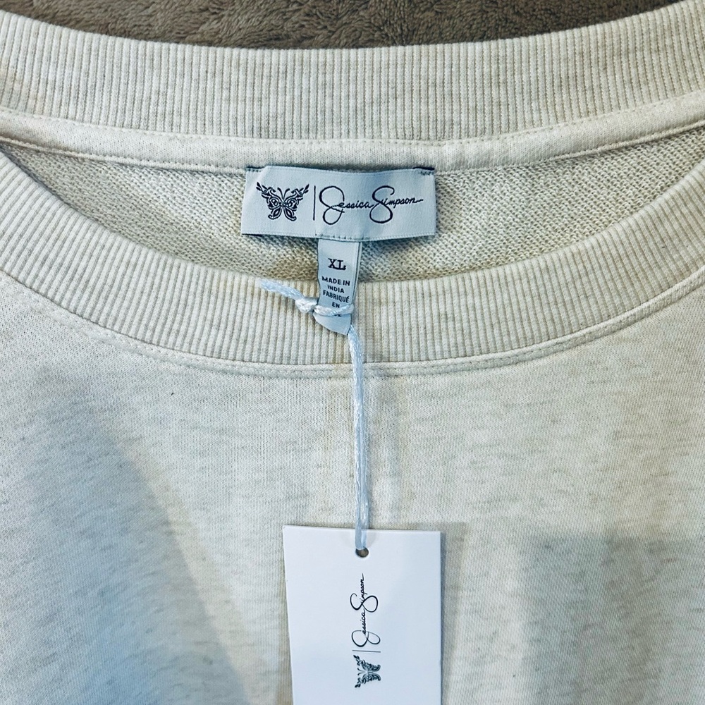 Jessica Simpson Oatmeal Heather Beaded Shoulder Crew Pullover – NWT – XL - Picture 2 of 6